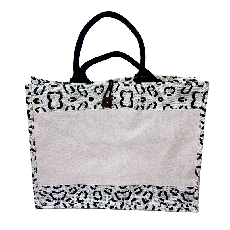 A3 Black Leopard Print Jute & Canvas Bag