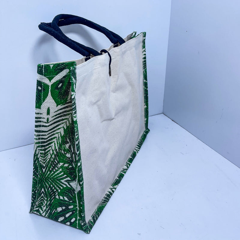 A3 Green Leaves Print Jute & Canvas Bag