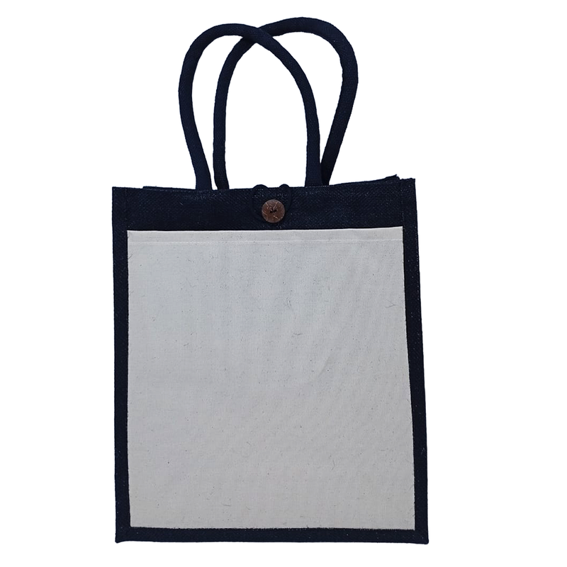 A4 Portrait Button Jute Bag with Off-White Front Pocket
