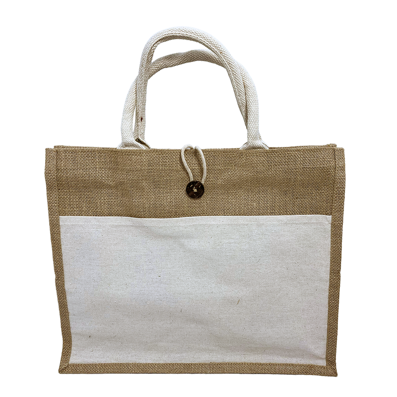 A4 Button Jute Bag with Off-White Canvas Front Pocket