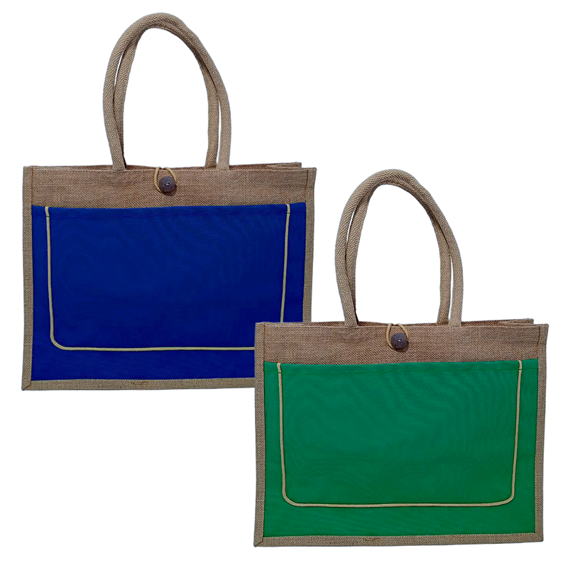A3 Button Jute Bag with Colourful Canvas Front Pocket