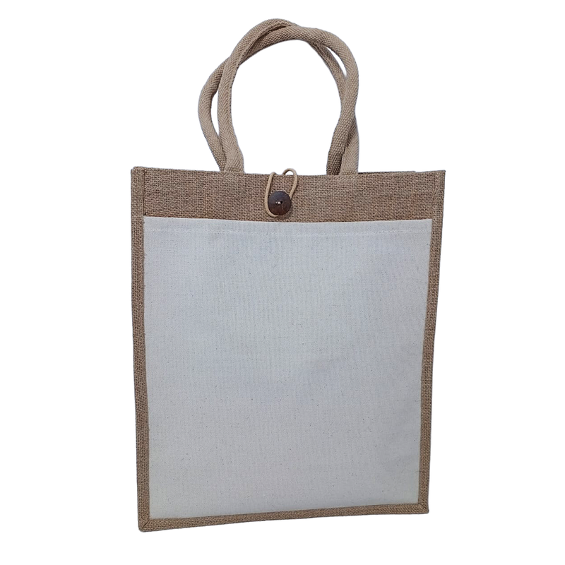 A4 Portrait Button Jute Bag with Off-White Front Pocket