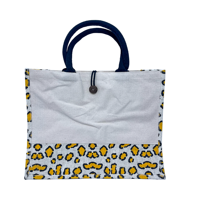 A3 Mustard Leopard Print Jute & Canvas Bag