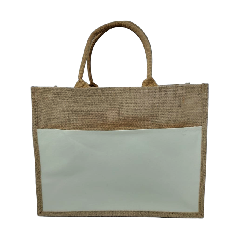 A3 Zipped Jute Bag with Off-White Canvas Front Pocket